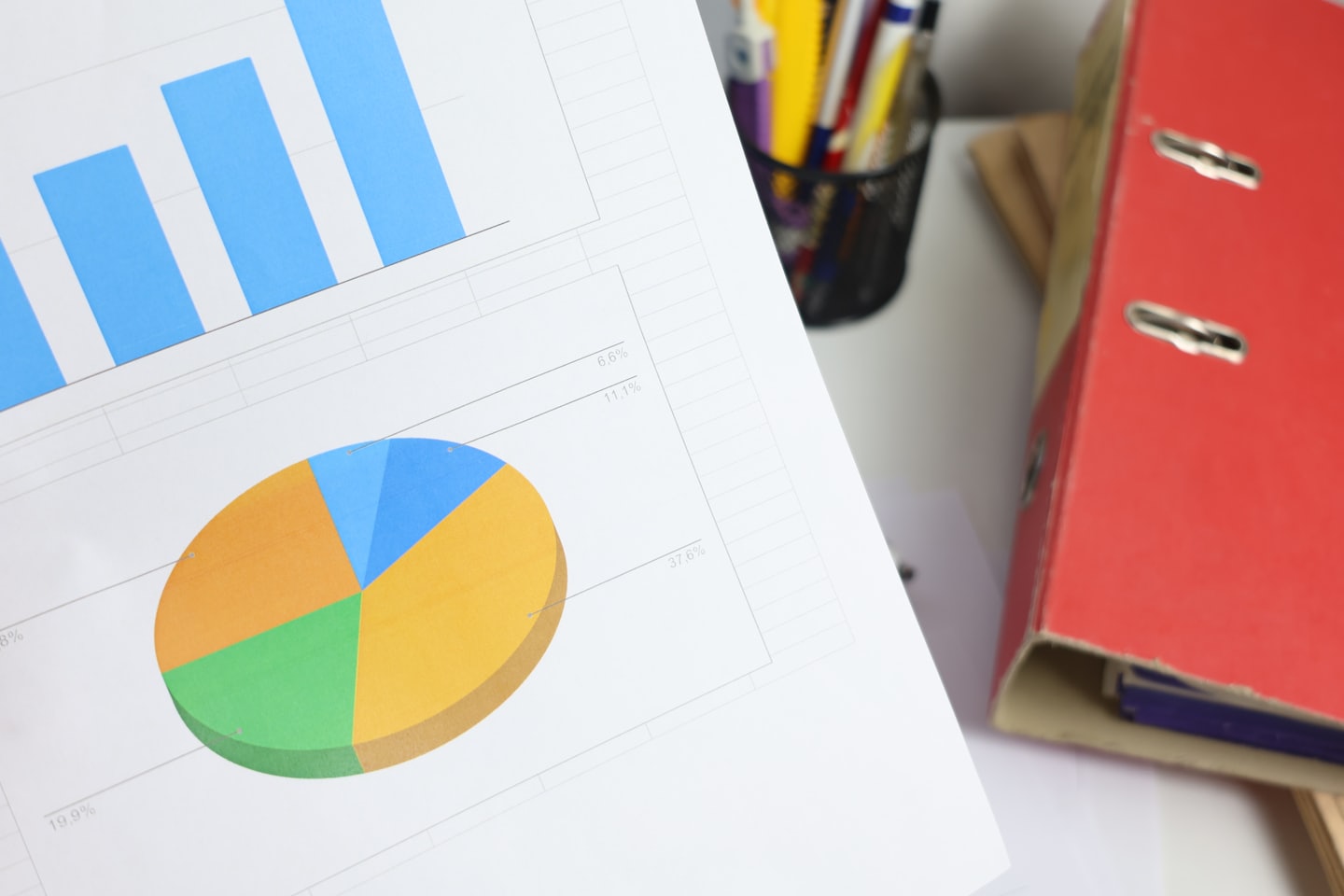 Financial charts on paper on an office desk.